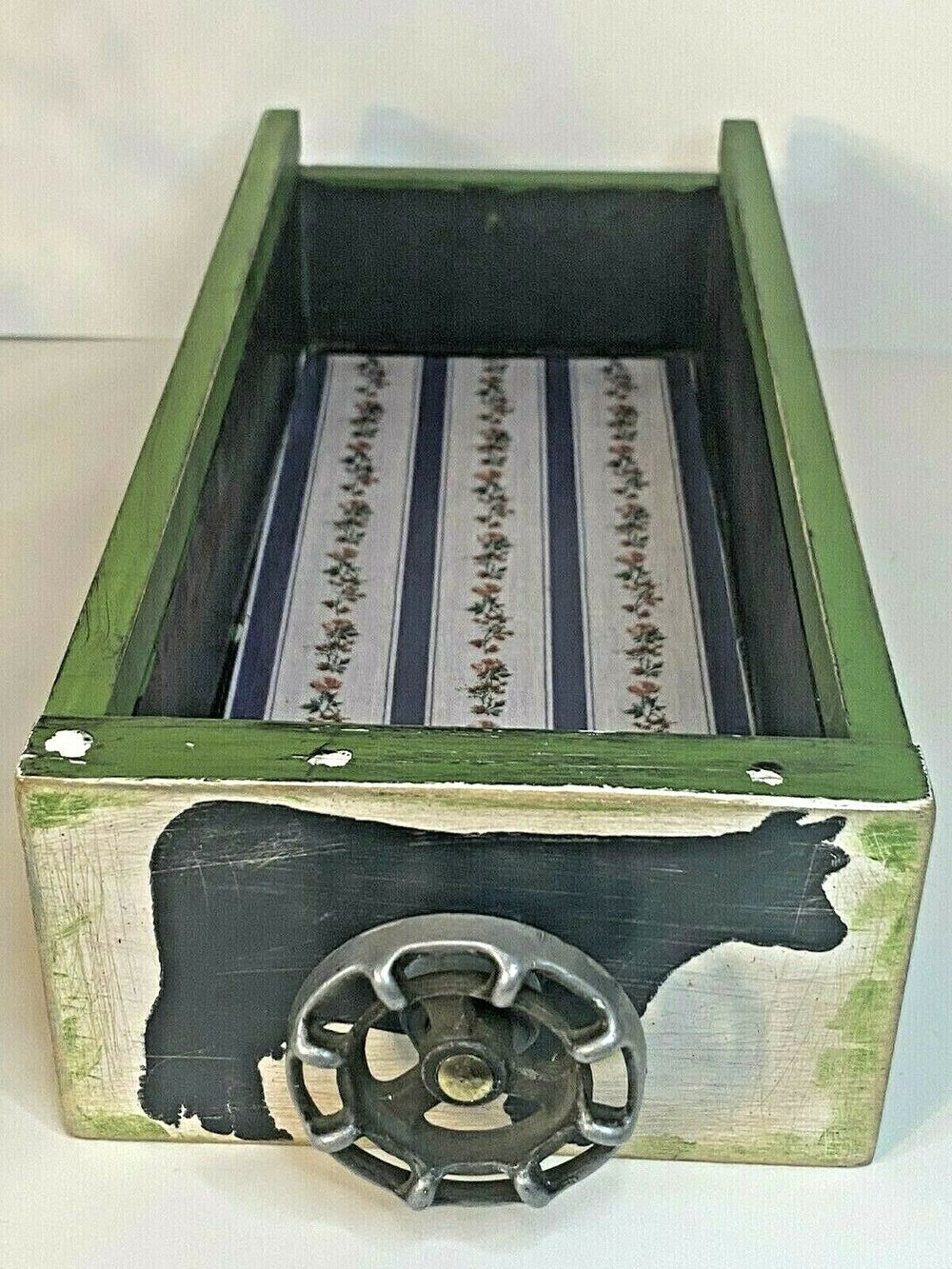 Farmhouse Wood Drawer Crate w/ Vintage Dairy Cow Spigot Handle, Green/Black